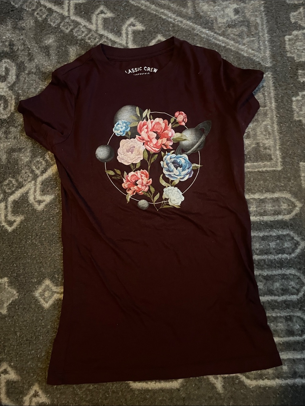 Floral Graphic Tee - Burgundy - size XS